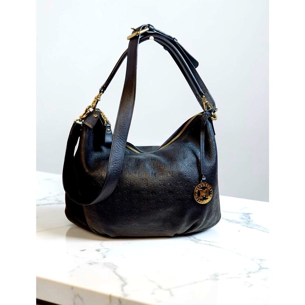 MetroCity Black Embossed Leather Large Hobo Shoulder Bag Gold Hardware
